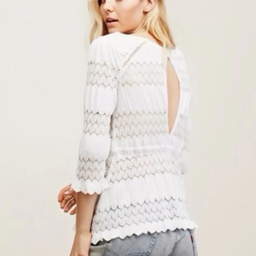 Free People ‘Fire Island’ Embroidered Keyhole Open Knit Peasant Top in White M